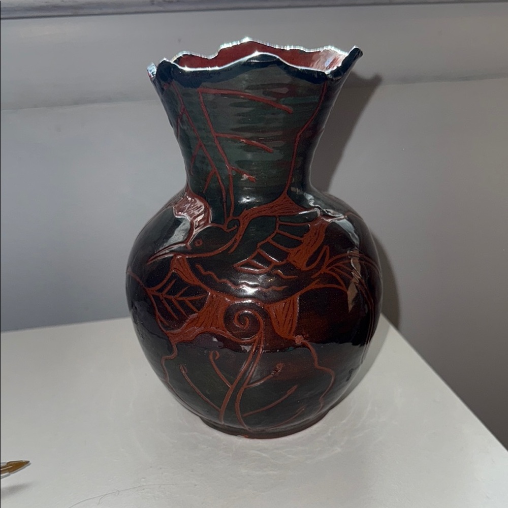 Signed Handcrafted in Jamaica Ceramic Vase with Hummingbird Design 7 inches tall